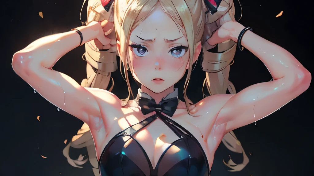 Long, light-colored hair，Double Twin Tail、(sweaty skin)、 (Highest quality, 8k, 32K, masterpiece, Ultra-high resolution:1.2)、blush、(Sweat:1.10)、((blush)),(((Shining Light))),accurate to the human body、Correct five-finger、Highly detailed face and skin texture, Natural neck length, (Beautiful Hands), Beautiful feet, (glossy lip gloss:1.3、Long eyelashes、Gloss Face) 、(((A seductive look of sweet seduction))),jewelry, View your audience, bracelet, (Oily skin、Glowing Skin、Realistic skin texture、Beautiful skin in every detail、Glowing Skin),latex、((((Annoyed))))、(((playboy bunny)))、((((upper body)))),(looking at viewer)、(arms behind),((((arm pit)))),(((arms up))),((((oily body)))),((((sweat))))、shiny(((bad mood)))