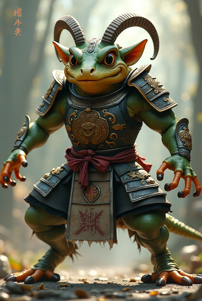 (ReV Animated: 1.2), Hybrid of a goat and a frog with armor style samurai in pose of fight

