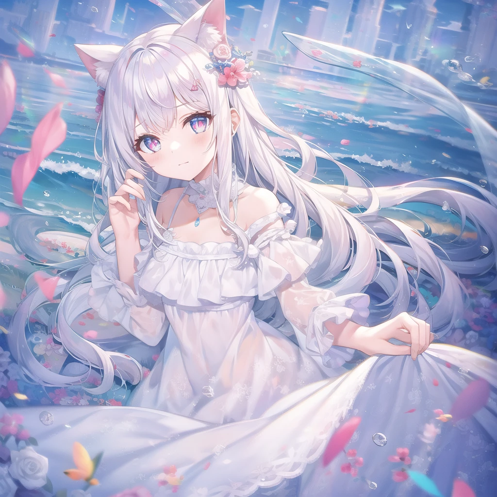 ((masterpiece, best quality))++, Detailed lighting+, Detailed hair+, Detail hand+ ,1 girl, Miss, Long hair, Crimson eyes, beautiful eyes, young white hair,,(Beautiful white hair:1.5),(Beautiful and delicate eyes), high resolution+,glass tint, Reflective eyes, {{angle}} , Very detailed wallpaper, The original, Air bangs,Extremely beautiful CG,Firefly,Nature,ocean