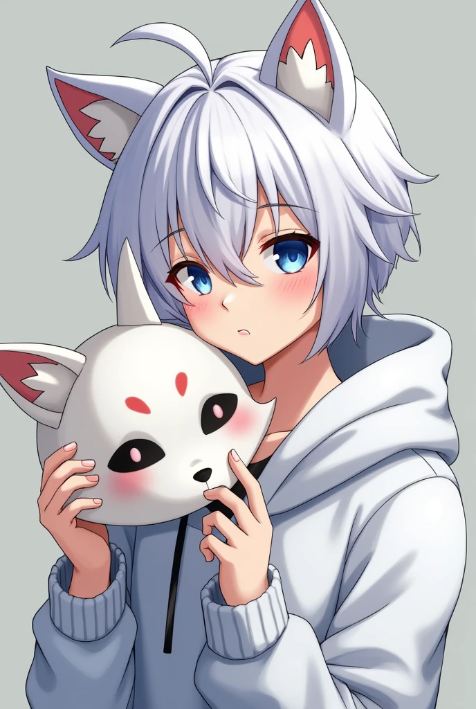 A Japanese man with white hair and blue eyes wearing a white hoodie and holding a fox mask