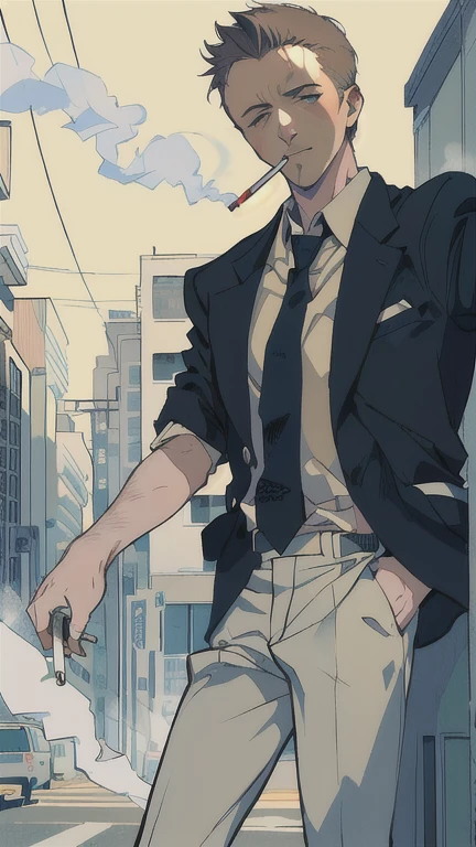 arafed man in a shirt and tie smoking a cigarette, short sleeve, fight club, scene from fight club movie, edward norton, the narrator, (1 male, Adult male, 30 years old), cigarette in his mouth, amazing, complex scene, charlie cox, taking a smoke break, stony, glen, very realistic film still, with a cigarette in its mouth, smug look, cigarettes, hidden the hand on pocket pants, smug look, cowboy shot,