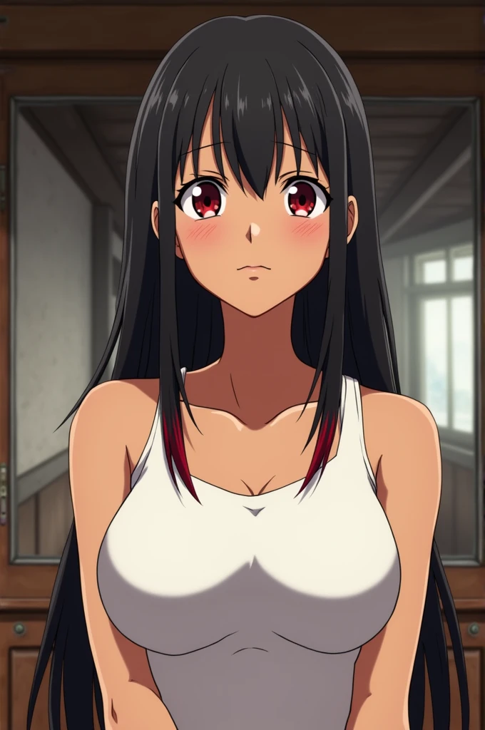 take from the waist to the head, animation style Toei animation, anime One Piece. 23 year old woman. chocolate skin. jet black hair with red tips. straight hair down to the ears. bright scarlet eyes ,peach colored lips, soft features, serious and mature expression, developed breasts, flat stomach. white sleeveless top without collar, cabin atmosphere of a ship