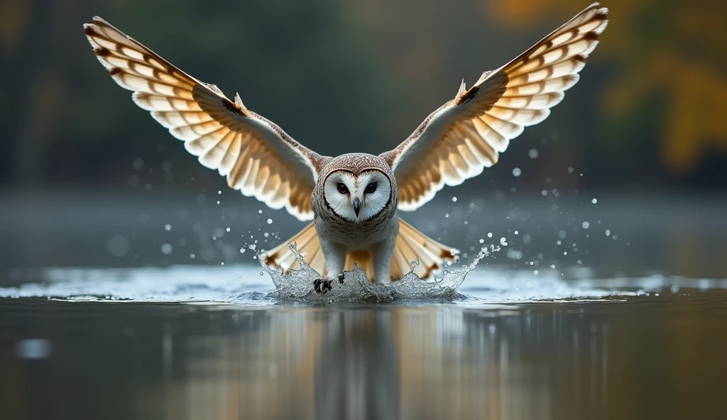 Owl flying over water,Inverted image from below,Sharp focus,Bokeh,Depth of written boundary,Masterpieces,Ultra-fine,Ultra-realistic,8k,Best image quality,Detailed Description