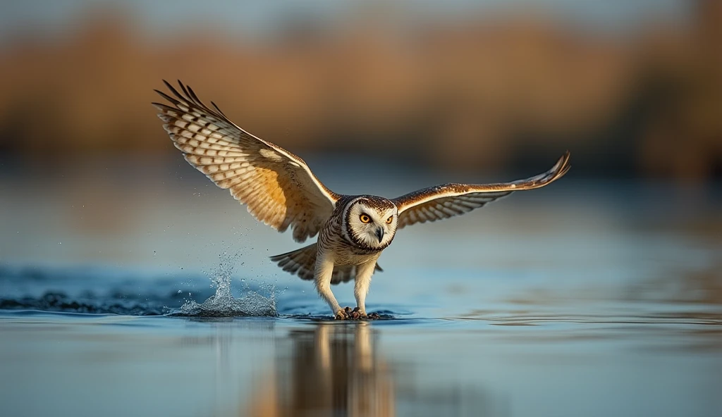 Owl flying over water,Inverted image from below,Sharp focus,Bokeh,Depth of written boundary,Masterpieces,Ultra-fine,Ultra-realistic,8k,Best image quality,Detailed Description