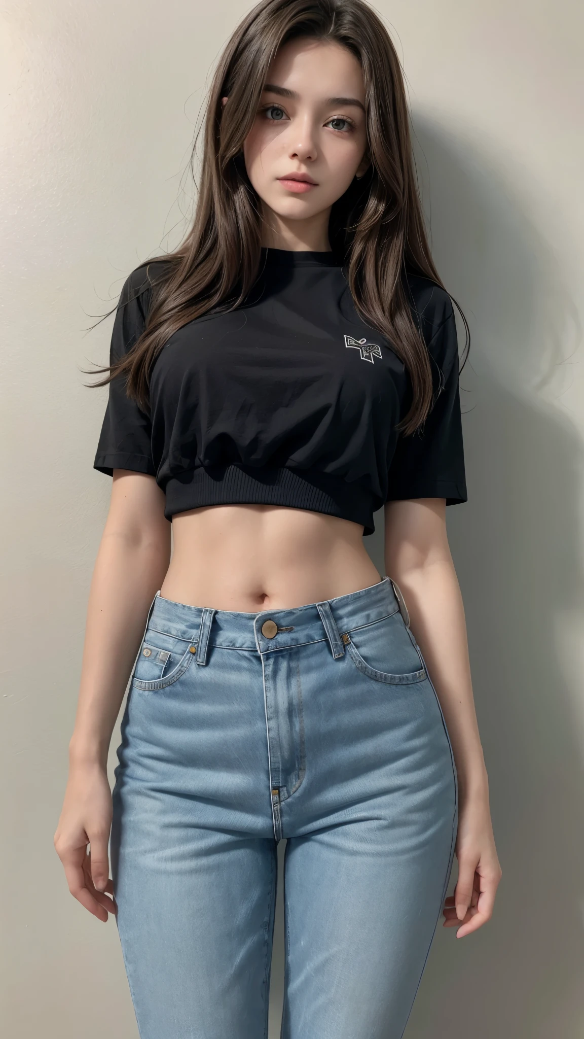 Beautiful 18 year old brunette girl wearing a shirt and high waisted jeans with a belt showing her T-shaped belly button