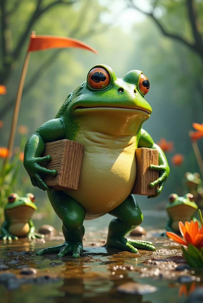 Very fat frog carrying wooden blocks to build a stage in a swamp. Put lots of details into the scene. Create more background scene in the same image. Colic other frogs, flowers and flags