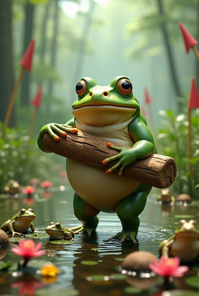 Very fat frog carrying wooden blocks to build a stage in a swamp. Put lots of details into the scene. Create more background scene in the same image. Colic other frogs, flowers and flags