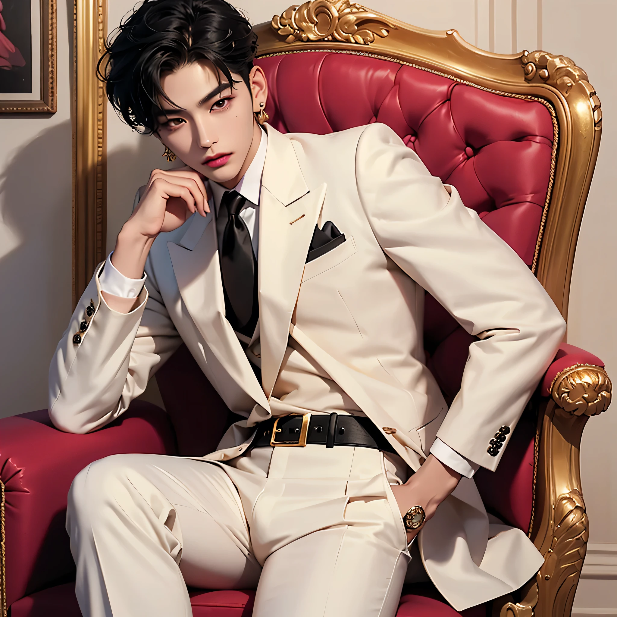 Korean men, face structure is not very small, double eyes, short hair, black hair, light pink lipstick, velvet lipstick texture, equal eyes, high nose, wearing a black necklace, gold earrings, wearing a white suit, white pants, wearing a black belt, sitting on a gold chair.