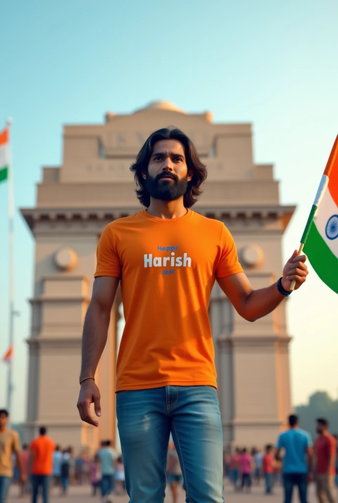 A real 25 years old boy with long hair and big beard wearing orange t-shirt blue jeans sneakers and name "Harish" is written on his t-shirt and boy is standing on road holding India national flag and behind him is India Gate Delhi. And above it is written "Happy Independence Day 2024" on sky create realistic image high quality.