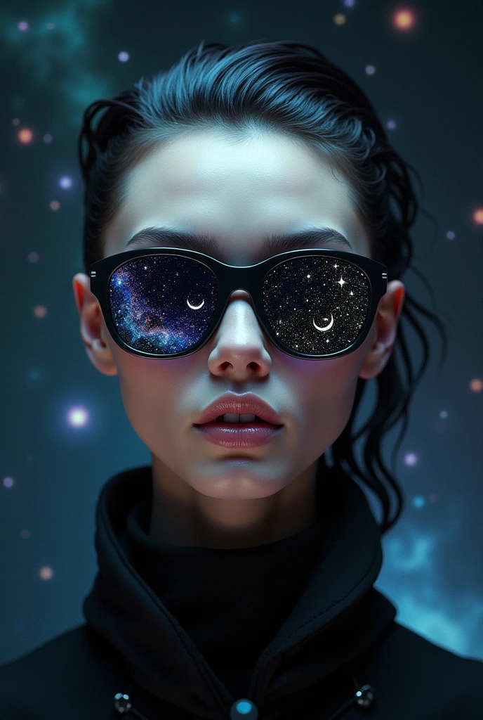 The model is wearing glass sunglasses with stars and the moon on the glass