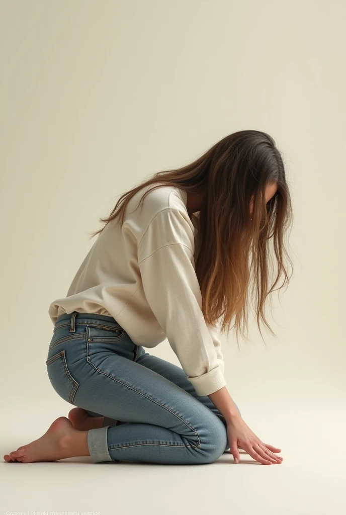 Woman in jeans and long sleeve t-shirt kneeling on the floor touching the floor with bend over front view
