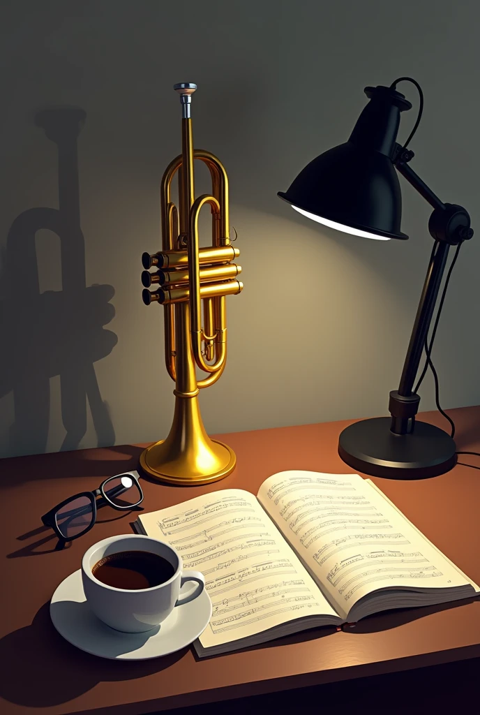 Trumpet on the table, paper sheet music, coffee cup and dark warning glasses and a black lamp