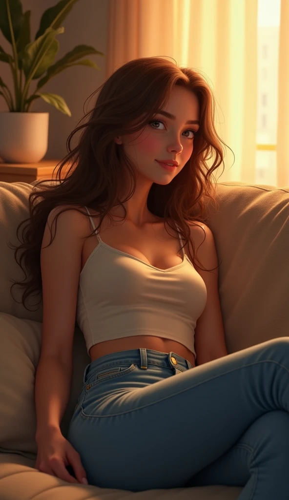 a woman, with long hair and jeans, sitting on a couch, in the style of cartoon realism, i can't believe how beautiful this is, cute and dreamy, disney animation, realistic hyper-detail, warmcore 