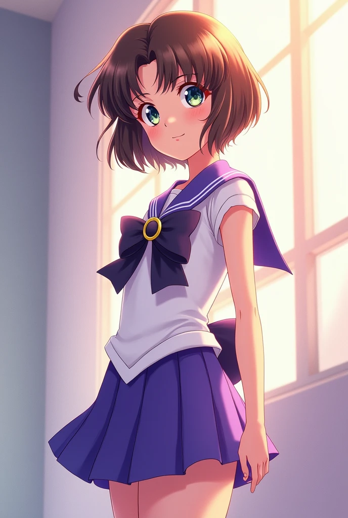anime girl, green eyes, short brown hair, with a kind and calm expression, dressed as Sailor Moon Saturn