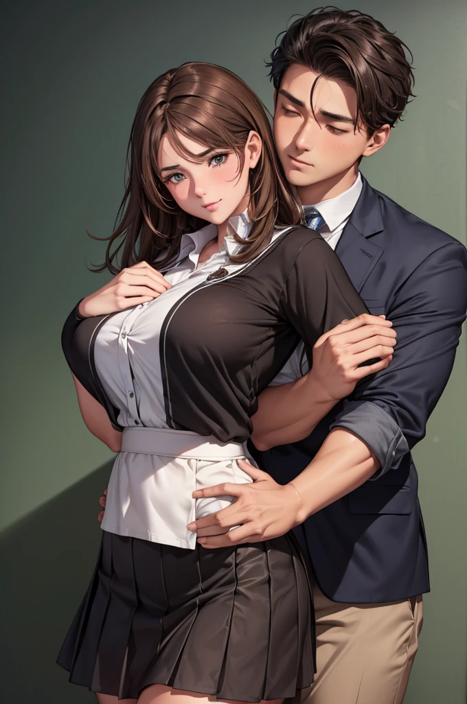 40-year-old woman (Highest quality 8k) Embarrassed Brown Hair (Shiny skin Glowing Skin Dazzling light source) Big Breasts (classroom blackboard) female teacher Tight Skirt (((A middle school boy hugging someone from behind))) Don't look at the camera