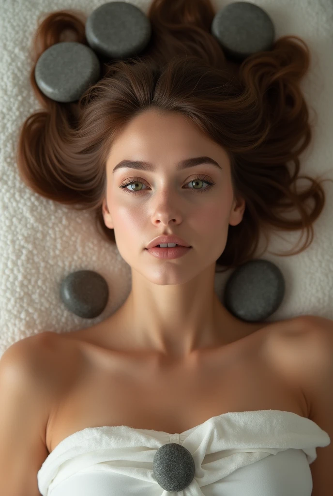 cloud massage, cloud bed, a beautiful woman lying face down with stones on her spine, 1,70, 70 kg, recebendo massagem de outra mulher de brownhair, looking 45 years old, brownhair, gorgeous green eyes, Delicate nose and lips, height 170 cm, weight 70kg, Realist, (best qualityer,4K,8k,high resolution,work of art:1.2),ultra detaild,(Realist,fotorRealista,foto-Realista:1.37),HDR,High definition,studio lighting,ultra-fine painting,sharp focus,Physically based rendering,extremely detailed description,proffesional,bright coloured,bokeh,Portrait INFO