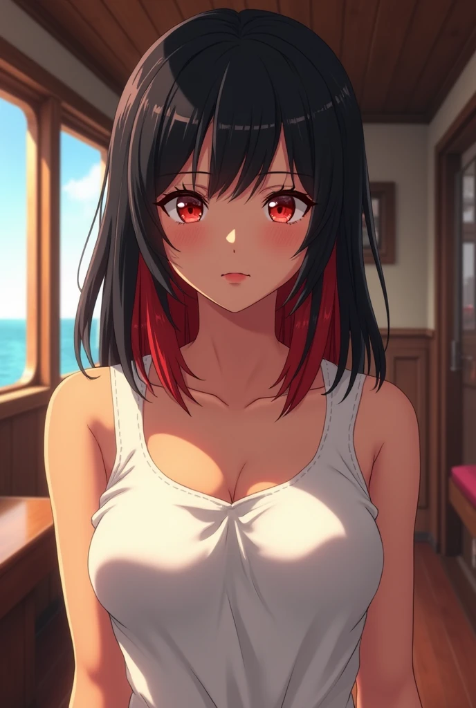 take from the waist to the head, animation style Toei animation, anime One Piece. 23 year old woman. chocolate skin. jet black hair with red tips. straight hair down to the ears. bright scarlet eyes ,peach colored lips, soft features, serious and mature expression, developed breasts, flat stomach. white sleeveless top without collar, cabin atmosphere of a ship