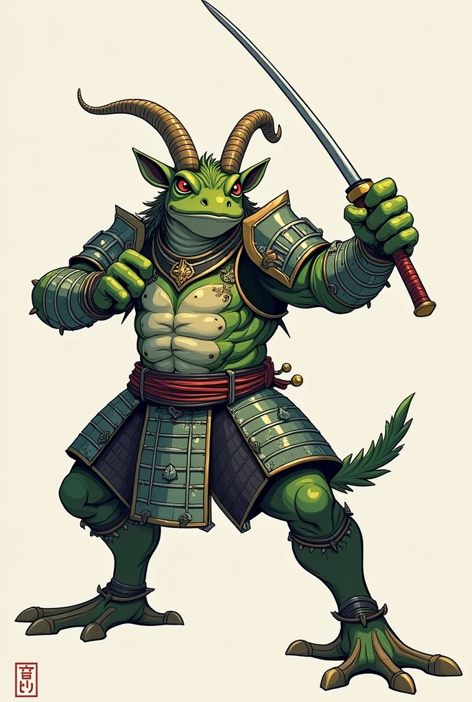 (ReV Animated: 1.2), Hybrid of a goat and a frog with armor and katana style samurai in pose of fight