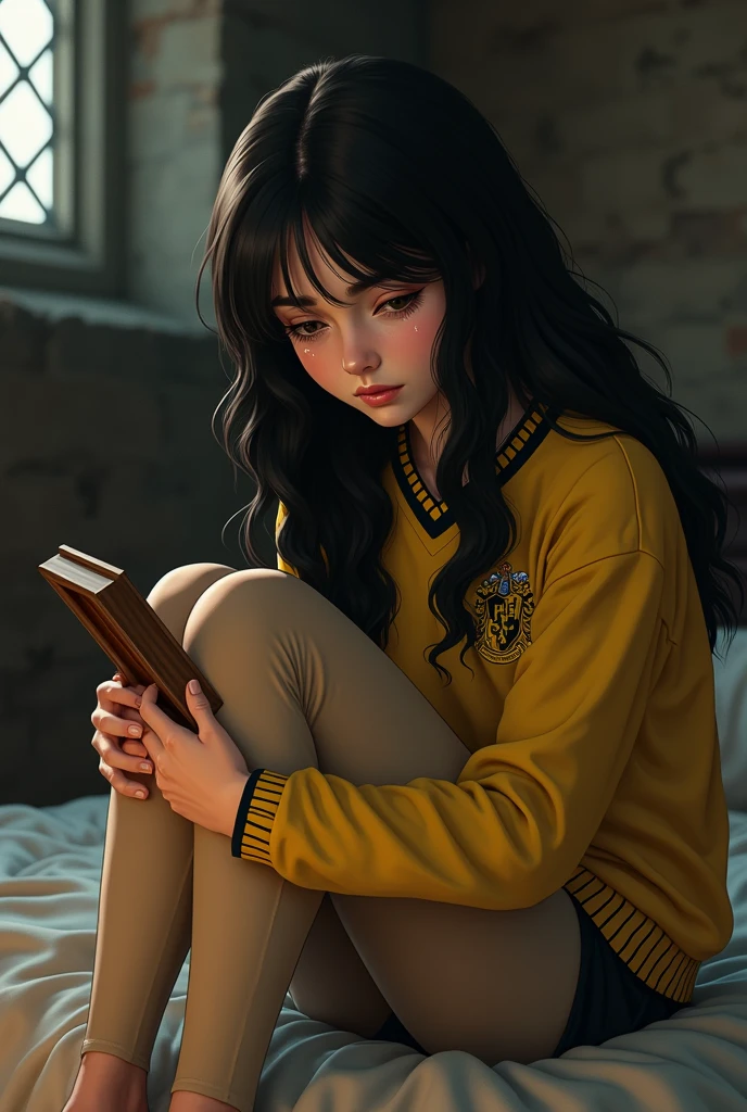 Screenshot Harry Potter, female ager long wavy black hair. Golden eyes thick long eyelashes. Wearing sports uniform beige leggings, yellow sweater with the Hufflepuff House Emblem. Sitting on a bed crying hugging a picture frame. Wide shot of an old castle room in the background.