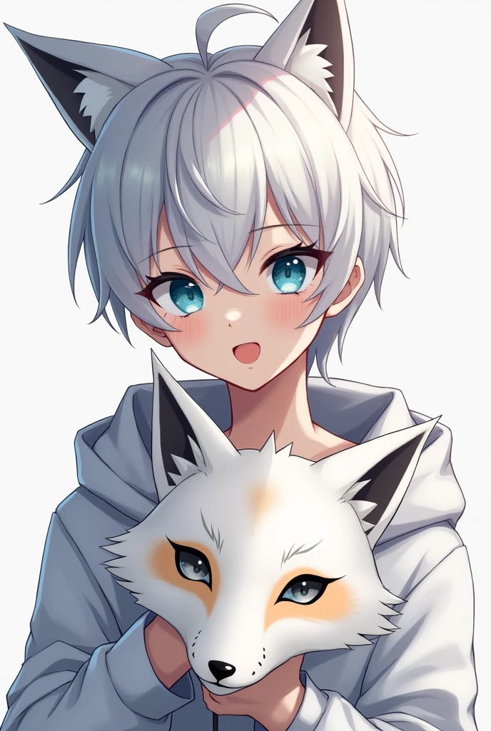 A Japanese man with sharp eyes, white hair and blue eyes, about high school age, wearing a white hoodie, was holding a fox mask.