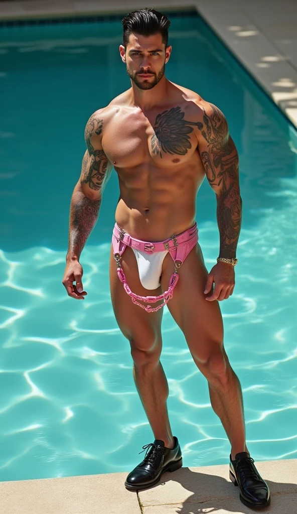 Fullbody standing picture of white skin Handsome muscular horny nude sexy gay boy wearing sexy shiny pink latex harness, shiny black Disconnected Pompadour oiled hair style, goatee, blue eyes, shiny black varnished vinyl shoes, red lip, chain, tattoos, horny, cum shot, sperm, milking penis, big penis, very big testicle, shiny oiled skin, orgasm, oversexed, standing at pool.