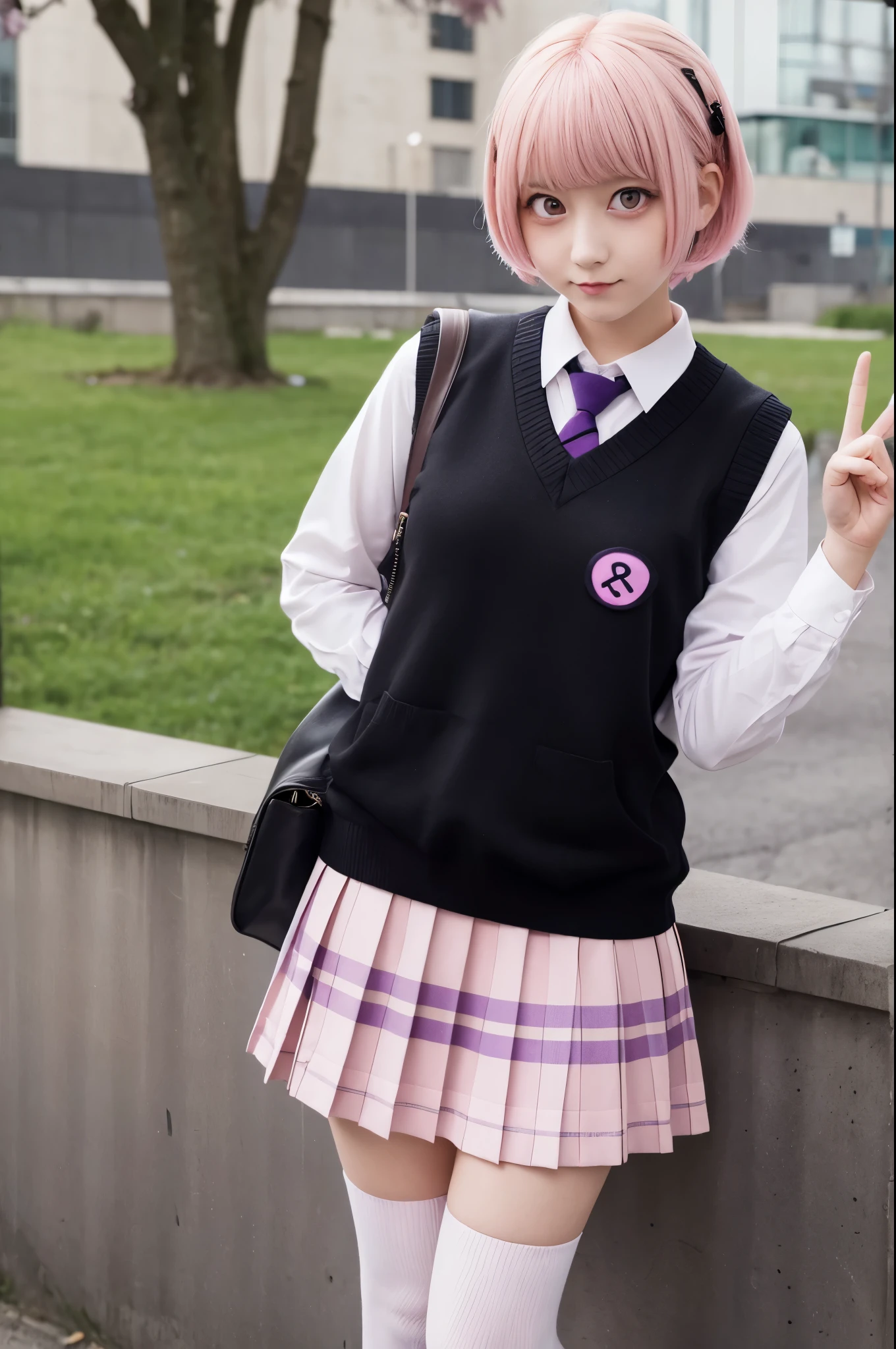 Ph Momo, Peaches, ふPeaches, alone, One girl,  Pink Hair, Purple eyes, short hair, Hair Flower, Sweater vest, school uniform, Big eyes, Checked skirt, Black knee socks,Making a peace sign, Embarrassing