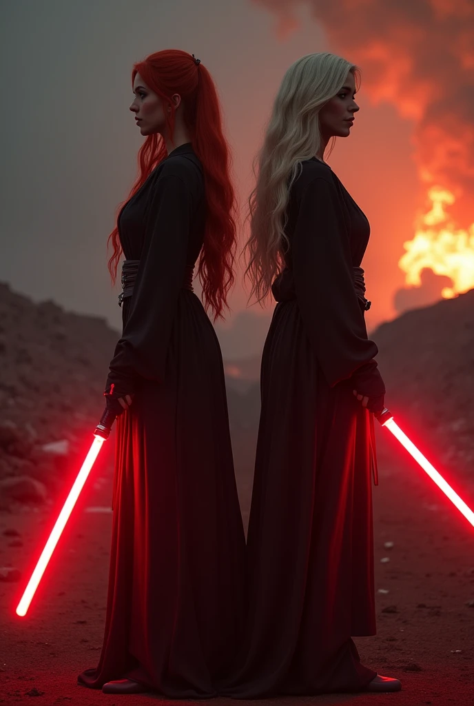 (full body shot:1) photorealistic image of two (standing pose:1) women, ultrarealistic, photography, one with long red hair, woman, 24 years old, hourglass figure, perfect body, seductive look, natural medium breasts, blur background, in complete darkness, she is wearing a sith robe, she is holding a red lightsaber, the lightsaber is the only lightsource, on a dark destroyed spacestation, explosion in the background, long sexy legs, the other girl has platinum blonde long hair, 30 years old, curvy figure, she is wearing a sith robe and is holding a red lightsaber, natural big breasts, side view, dynamic shot, action shot