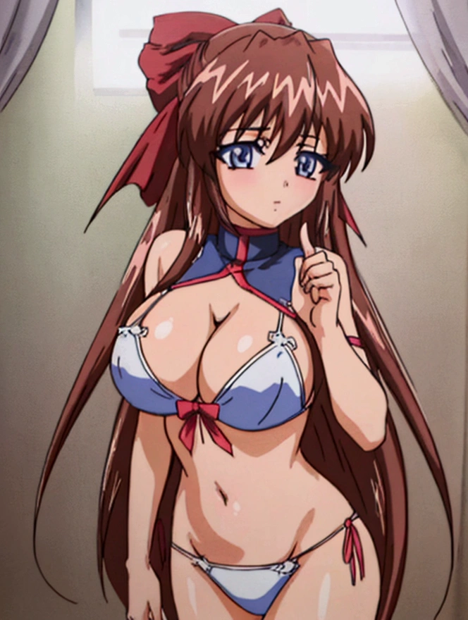 (Anime artwork, Anime Style, Studio Anime, Very detailed, up to date, Vibrant, Anime Coloring Book, High Contrast, masterpiece:1.2, Highest quality, Best aesthetics), (Beautiful and detailed eyes:1.2), 1 girl, Straight Long Hair, Large midchest, Hair Ribbon, (White Bikini,Cleavage), Asymmetrical bangs, Perfect Proportions, Skin with attention to detail, cute, Detailed face, (Cowboy Shot, Dynamic Angle:1.1), (Accurate fingertips, Browse 4, Thumb 1),