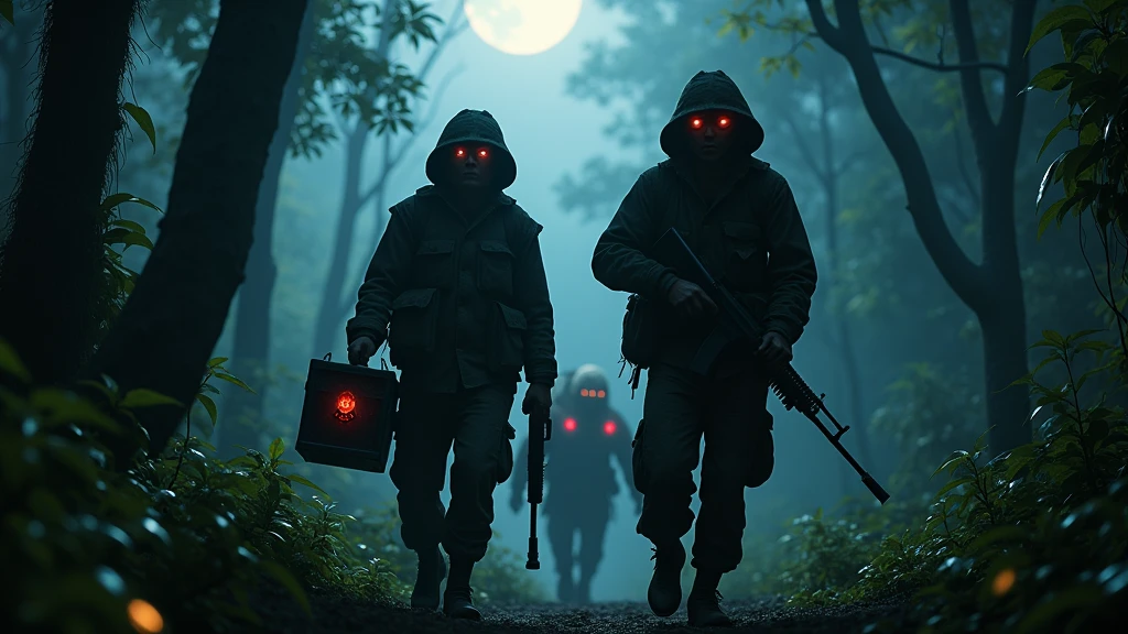 Two Cambodian hunters carrying guns carrying a treasure chest through the jungle at night with many red-eyed spectacles 8k  