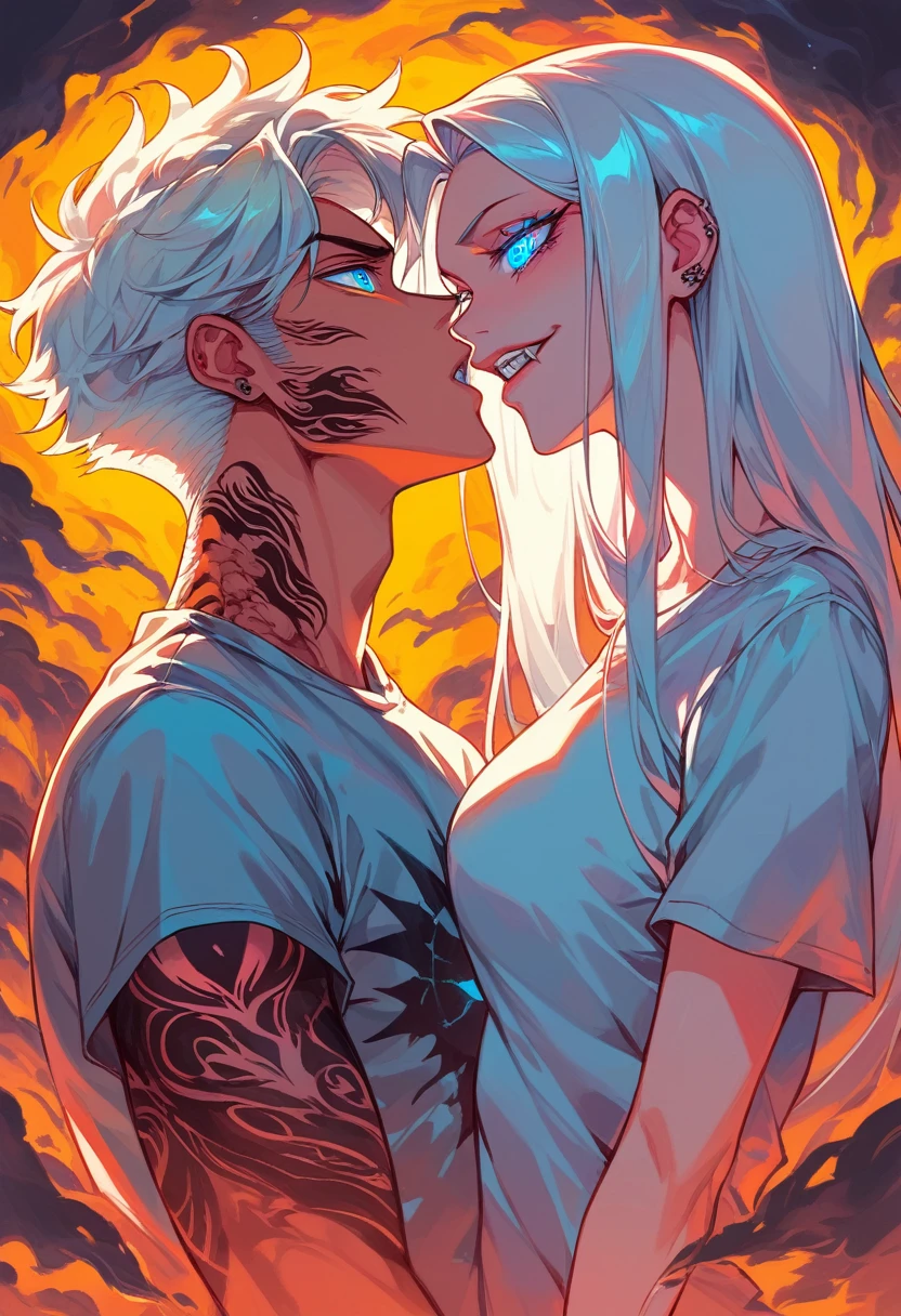 Manga art comic in the style korean male idol, slim muscular figure, almost kissing a gorgeous male biker, long white hair, loose tight t-shirt, adorned with UV- neon floral tattoos enveloping the neck and arms, silky shiny black/red long wisp hair, deep blue eyes, shiny superreflectiveglistening abs, enhanced by psychedelic fractal ink UV-Neon runes, gorgeous lake in the background, superhyperrealisim capturing hyperdetailed Ultra HD essence, silver fangs highlighted, forced perspective enhancing bioluminescent effect, surrounded by a smoky mist, neon-glowing runes converging, neon celestial eyes piercing through, juxtaposed against reality