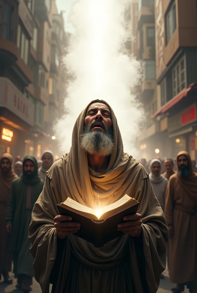 A poor man speech Qur'an and crying. others people attack the man. And one miracle white light save the man 