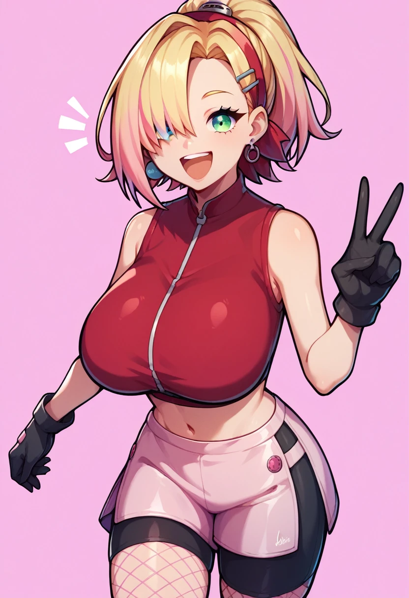 score_9, score_8_up, score_7_up,score_6_up, score_5_up, score_4_up , 1girl, solo, huge breasts,  spl1th41r, two tone hair, ((Split hair)), ((pink hair)), ((blonde hair)). heterochromia, green eyes and blue eyes, haruno sakura, short, hair, forehead protector, sleeveless, red shirt, bike shorts, shorts, black gloves, yamanaka ino, hair over one eye, ponytail, hairclip, purple crop top, sleeveless, purple skirt, fishnets, earrings, happy, cowboy shot, simple background