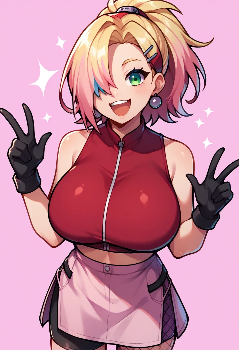 score_9, score_8_up, score_7_up,score_6_up, score_5_up, score_4_up , 1girl, solo, huge breasts,  spl1th41r, two tone hair, ((Split hair)), ((pink hair)), ((blonde hair)). heterochromia, green eyes and blue eyes, haruno sakura, short, hair, forehead protector, sleeveless, red shirt, bike shorts, shorts, black gloves, yamanaka ino, hair over one eye, ponytail, hairclip, purple crop top, sleeveless, purple skirt, fishnets, earrings, happy, cowboy shot, simple background