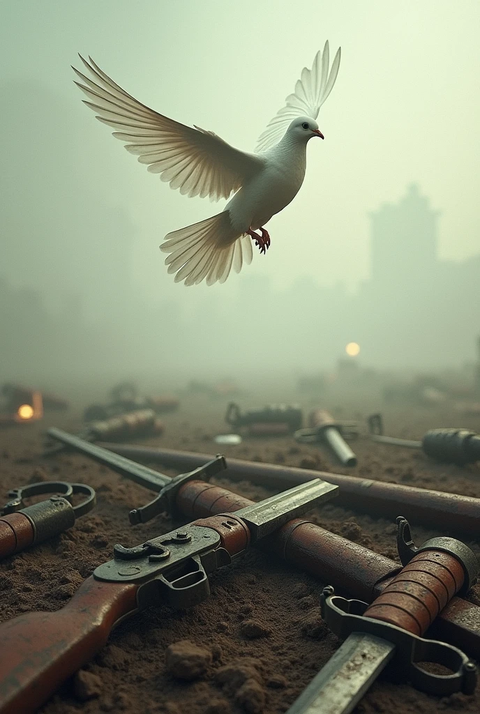 A battlefield with weapons laid down and a dove flying overhead, symbolizing the desire for peace after conflict.
