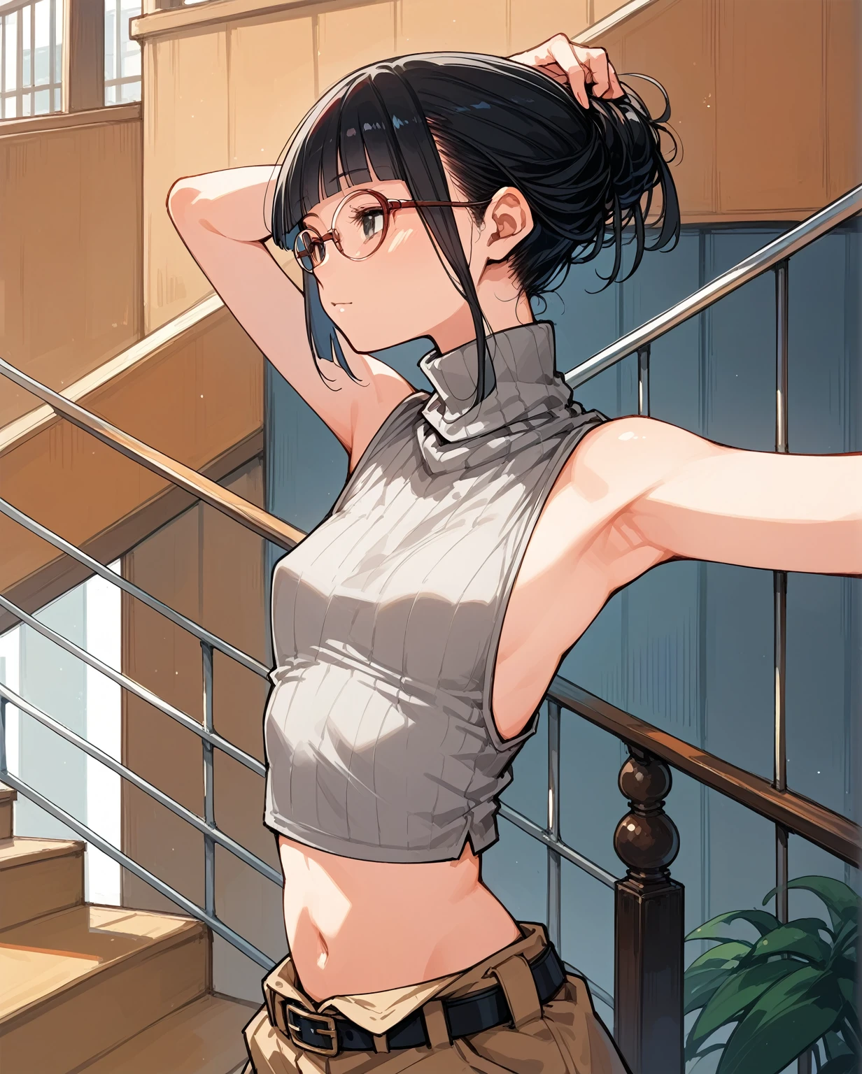 Exposed waistline,Super low rise,Not wearing an inner layer、胸元が開いたデザインのSleeveless turtleneck,Exposed chest、Exposed flanks,sexy,Flat Chest,Focus on your audience,Very thin body,Anime Style,Slim figure,delicate,Glasses,Asian woman wearing a grey top posing on the stairs, Sleeveless turtleneck_With dowel, 脇が大きく開いているSleeveless turtleneck_Relaxed back design,rib cage,Side bust,Shoulders are wide open,sexyなWearing a crop top, Photo of slim girl model, Chiho, T-Top, shikamimi, Wearing a crop top, Real life anime girls, Kurohime cut hair, Chassis, 2 4-year-old female model