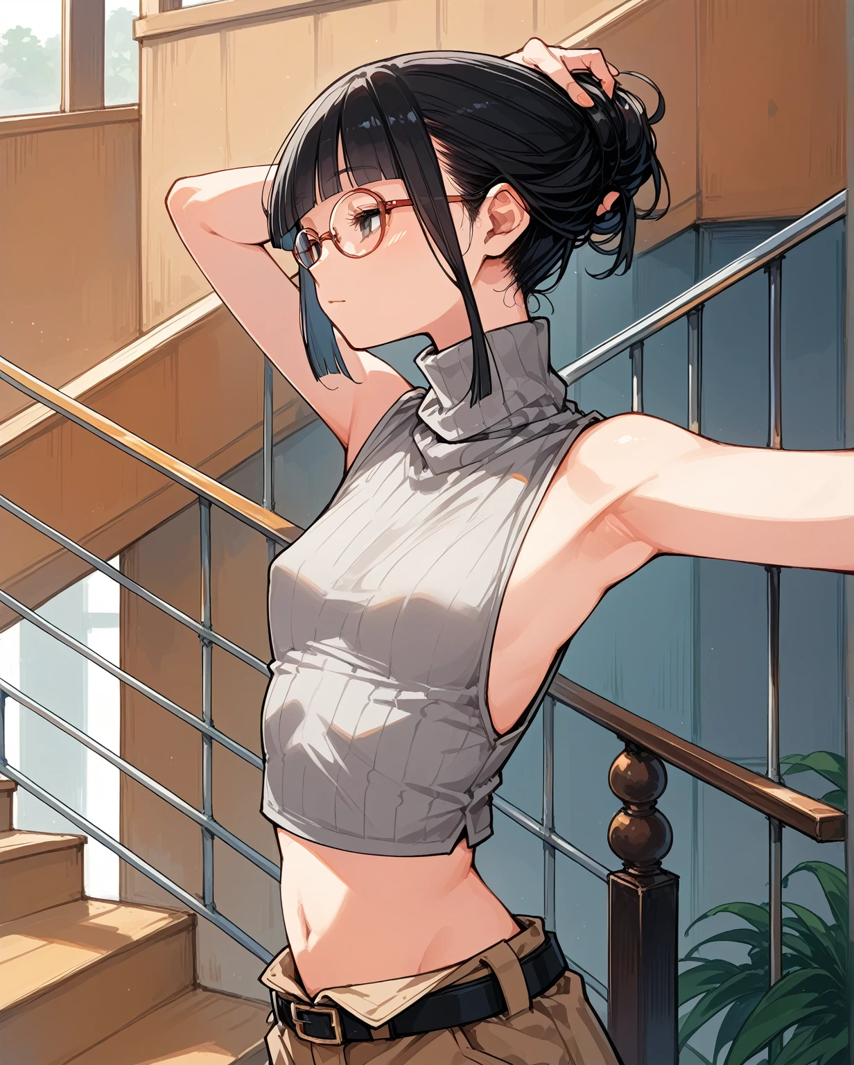Exposed waistline,Super low rise,Not wearing an inner layer、胸元が開いたデザインのSleeveless turtleneck,Exposed chest、Exposed flanks,sexy,Flat Chest,Focus on your audience,Very thin body,Anime Style,Slim figure,delicate,Glasses,Asian woman wearing a grey top posing on the stairs, Sleeveless turtleneck_With dowel, 脇が大きく開いているSleeveless turtleneck_Relaxed back design,rib cage,Side bust,Shoulders are wide open,sexyなWearing a crop top, Photo of slim girl model, Chiho, T-Top, shikamimi, Wearing a crop top, Real life anime girls, Kurohime cut hair, Chassis, 2 4-year-old female model