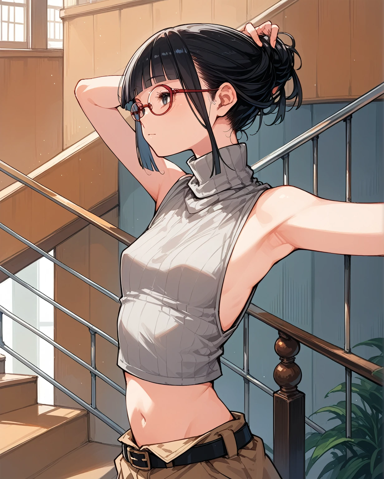 Exposed waistline,Super low rise,Not wearing an inner layer、胸元が開いたデザインのSleeveless turtleneck,Exposed chest､Exposed flanks,sexy,Flat Chest,Focus on your audience,Very thin body,Anime Style,Slim figure,delicate,Glasses,Asian woman wearing a grey top posing on the stairs, Sleeveless turtleneck_With dowel, 脇が大きく開いているSleeveless turtleneck_Relaxed back design,rib cage,Side bust,Shoulders are wide open,sexyなWearing a crop top, Photo of slim girl model, Chiho, T-Top, shikamimi, Wearing a crop top, Real life anime girls, Kurohime cut hair, Chassis, 2 4-year-old female model