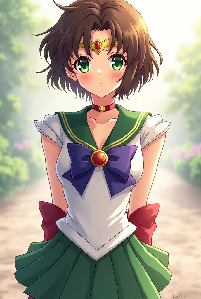 anime girl, green eyes, short brown hair, with a kind and calm expression, dressed in Sailor Moon Saturn transformation