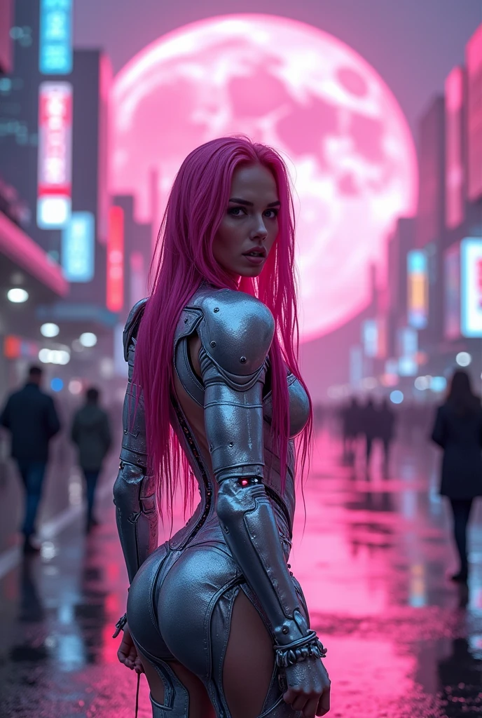 Beautiful woman with Megan Fox face, long hot pink hair, wearing silver cybernetic armor with violet to blue light circuits, with wet hair, water dripping from them and running down her body, completely wet , in the middle of a wide and long avenue in a futuristic city . The wet, shiny ground with the city's neon reflected on the ground, people walking the streets in futuristic clothes and a huge moon in the pink sky at the clear day. Spaceships fly across the sky., photo, cinematic, fashion, dark fantasy, vibrant