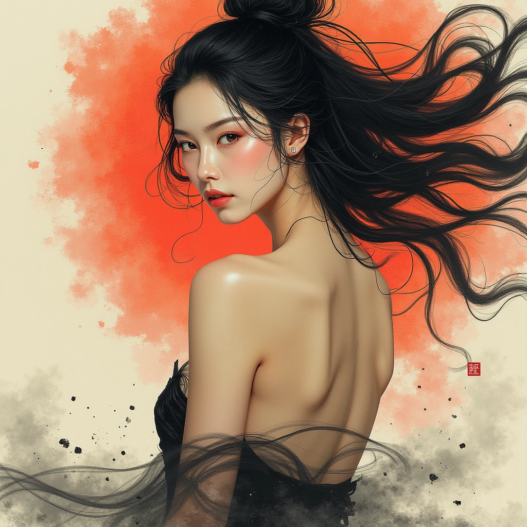 sumi-e, traditional chinese ink art, of a beautiful korean goddess, in the style of luis royo, in the style of Victoria Frances, trending on artstation, watercolour, ((masterpiece) ), ((best quality) ), extremely detailed cg 8k wallpaper, bright colors, Dramatic light, dynamic angle, Beautiful, stunning, windy, high detail hair, (highly detailed eyes) , (highly detailed facial features) , slender body, toned body, perfect face, slim athletic body, (perky small breasts:0. 75) , (cold attitude, eyeshadow, eyeliner:1 6) , retro fantasy, hyper-realistic, amazing fine detail, rich colors, realistic texture, vignette, moody, dark, epic, gorgeous, magical