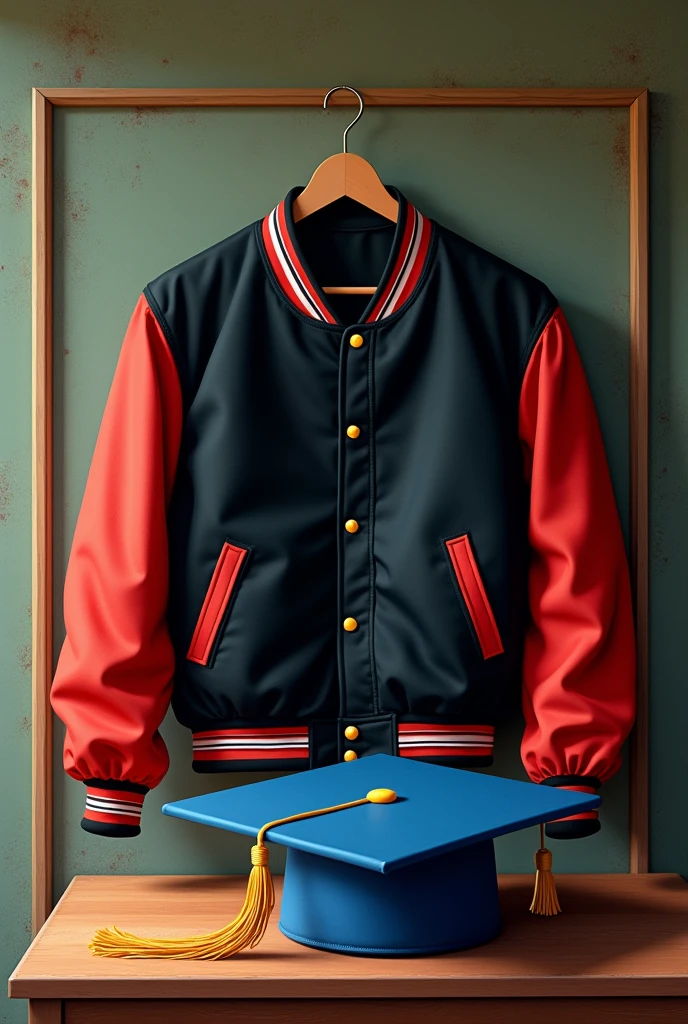 The cover of a book.
A table with a black varsity jacket with red sleeves and black and white lines on it.
The table will also have a royal blue graduation cap..
Nostalgic vintage atmosphere