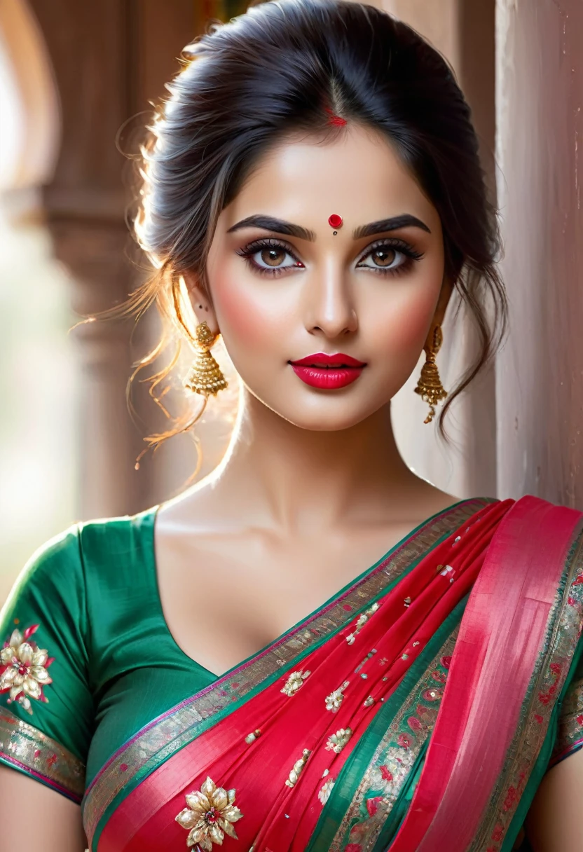 perfect pink eyes, fantastic face, Indian, beautiful look, ((red lips, bright eyes, curve heir 1.5)), ((round face)), ((beautiful details very big breast )), (Straight round and ultra huge clevage, not sagging breast), A glorious gorgeous, glorious gorgeous face, pretty face, bright eyes, detailed elegant printed red saree, updo elegant hair, blurred gray tones background, ultra focus, face ilumined, face detailed, 8k resolution, painted, dry brush, brush strokes, razumov style and garmash style, by Tokaito,  ((Full Open )), full body, sexy open thin belly, upper body part totally naked 