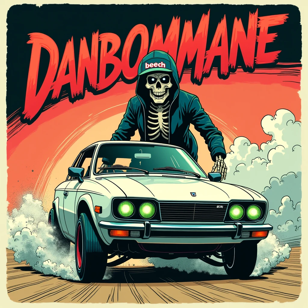 A text saying (DANBOMMANE) with a 90&#39;s comic style, In the background a modified white Japanese car with green headlights and low suspension skidding, As a pilot, a skeleton with bright white eyes and a cap with text saying (beech)