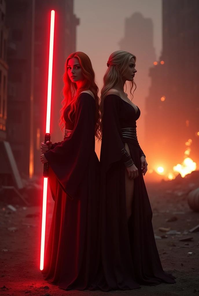 (full body shot:1) photorealistic image of two (standing pose:1) women, ultrarealistic, photography, one with long red hair, woman, 24 years old, hourglass figure, perfect body, seductive look, natural medium breasts, blur background, in complete darkness, she is wearing a sith robe, she is holding a red lightsaber, the lightsaber is the only lightsource, on a dark destroyed spacestation, explosion in the background, long sexy legs, the other girl has platinum blonde long hair, 30 years old, curvy figure, she is wearing a sith robe and is holding a red lightsaber, natural big breasts, side view, dynamic shot, action shot