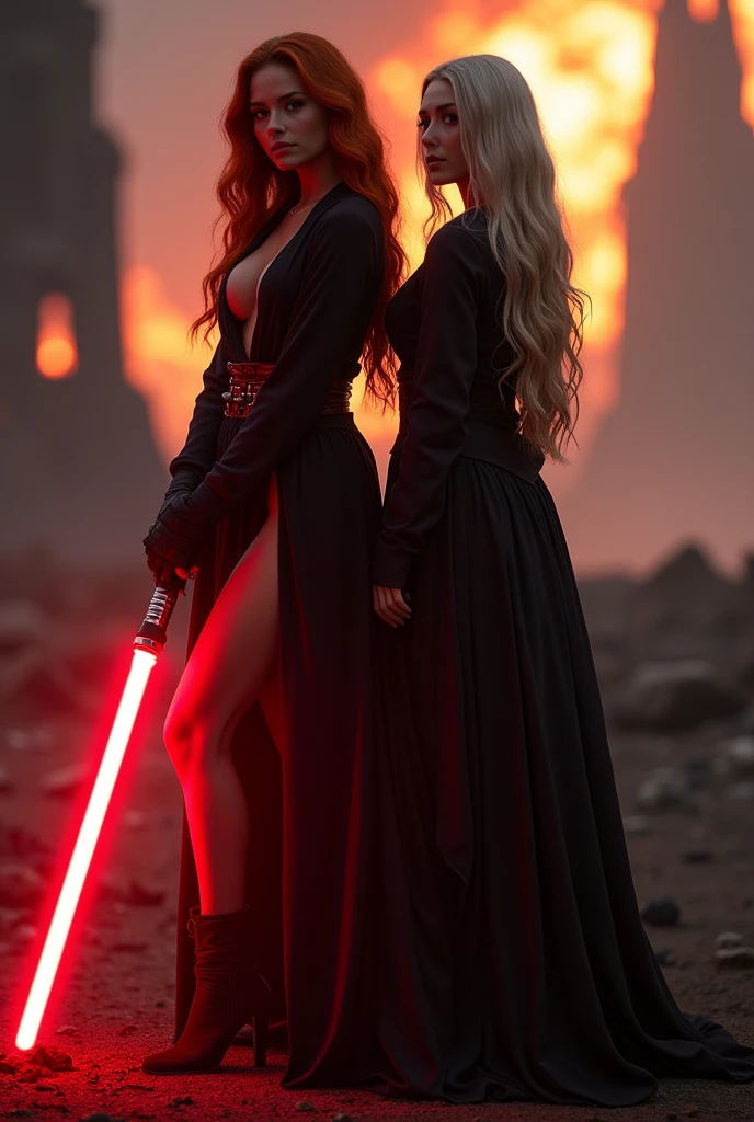 (full body shot:1) photorealistic image of two (standing pose:1) women, ultrarealistic, photography, one with long red hair, woman, 24 years old, hourglass figure, perfect body, seductive look, natural medium breasts, blur background, in complete darkness, she is wearing a sith robe, she is holding a red lightsaber, the lightsaber is the only lightsource, on a dark destroyed spacestation, explosion in the background, long sexy legs, the other girl has platinum blonde long hair, 30 years old, curvy figure, she is wearing a sith robe and is holding a red lightsaber, natural big breasts, side view, dynamic shot, action shot