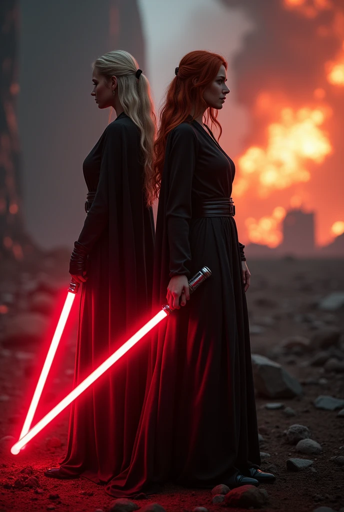 (full body shot:1) photorealistic image of two (standing pose:1) women, ultrarealistic, photography, one with long red hair, woman, 24 years old, hourglass figure, perfect body, seductive look, natural medium breasts, blur background, in complete darkness, she is wearing a sith robe, she is holding a red lightsaber, the lightsaber is the only lightsource, on a dark destroyed spacestation, explosion in the background, long sexy legs, the other girl has platinum blonde long hair, 30 years old, curvy figure, she is wearing a sith robe and is holding a red lightsaber, natural big breasts, side view, dynamic shot, action shot