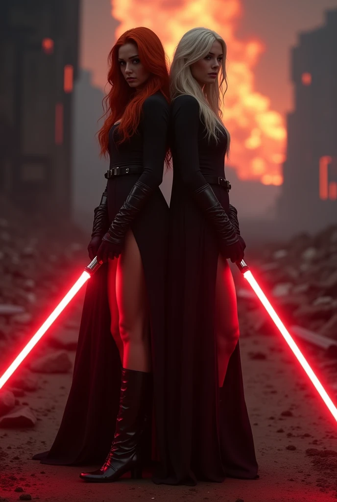 (full body shot:1) photorealistic image of two (standing pose:1) women, ultrarealistic, photography, one with long red hair, woman, 24 years old, hourglass figure, perfect body, seductive look, natural medium breasts, blur background, in complete darkness, she is wearing a sith robe, she is holding a red lightsaber, the lightsaber is the only lightsource, on a dark destroyed spacestation, explosion in the background, long sexy legs, the other girl has platinum blonde long hair, 30 years old, curvy figure, she is wearing a sith robe and is holding a red lightsaber, natural big breasts, side view, dynamic shot, action shot