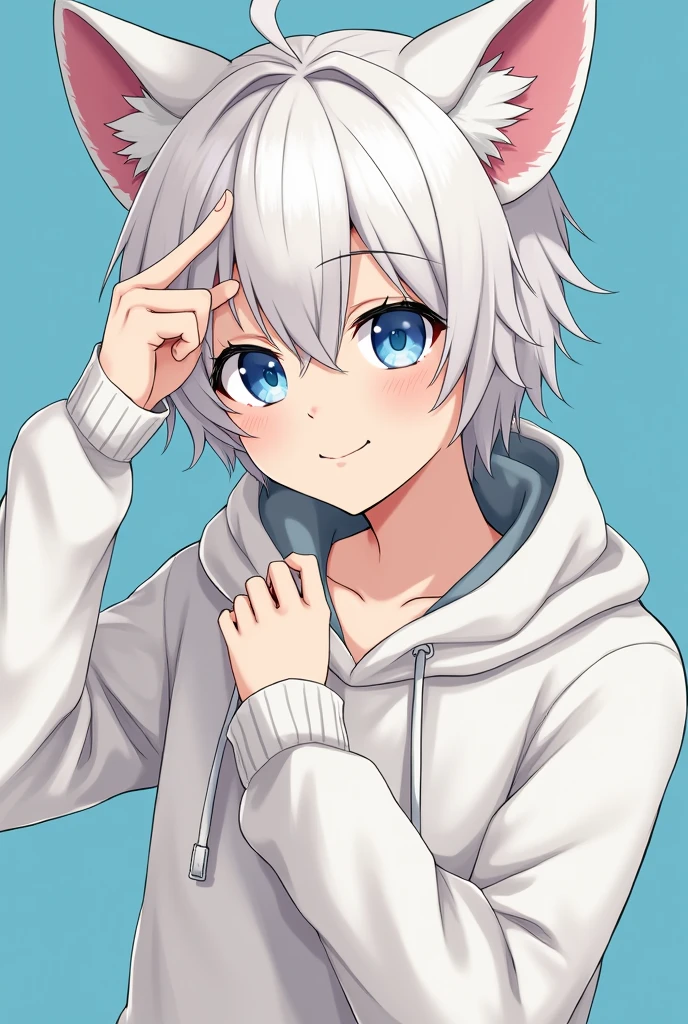 A cool Japanese man with white hair and blue eyes, about high school age, wearing a white hoodie, was holding a fox mask.