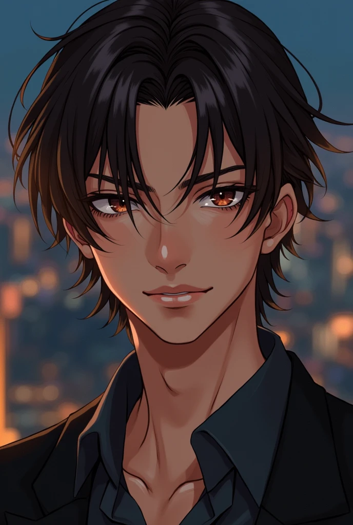 30-year-old male、Brown Hair、Brown eyes、Long Bangs、An ennui smile、sexy、Teardrop、Oblique angle、Sidelong glance、Night city in the background