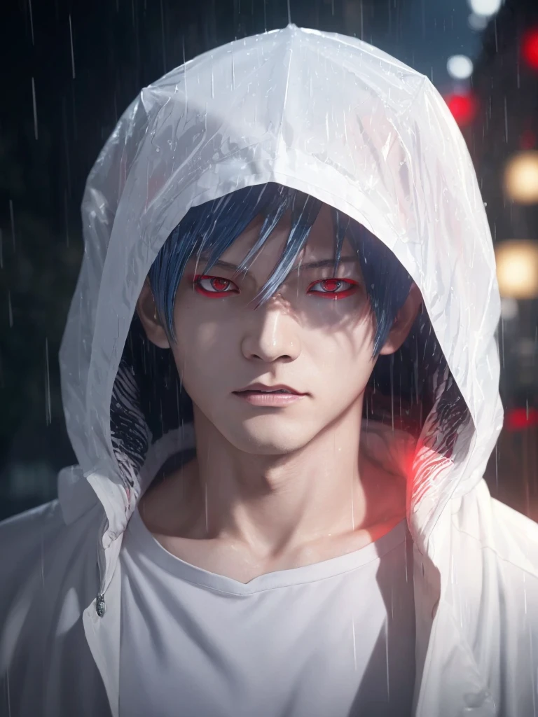 anime boy with red eyes in the rain, kaneki ken, ken kaneki, tokyo ghoul, with red glowing eyes, with glowing red eyes, profile picture 1024px, anime boy, male anime style, tall anime guy with blue eyes, he's very menacing and evil, male anime character, 4 k manga wallpaper, anime character, young anime man